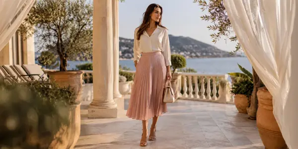 HALENKA A PLISOVANÁ SUKNE – ženský outfit bez prehnanej okázalosti