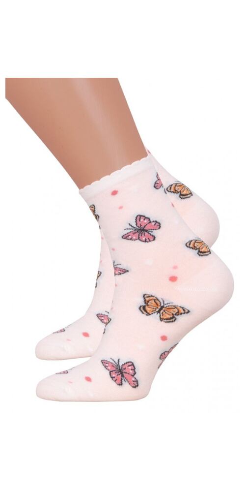 Dámské smetanové  ponožky s potiskem motýlů 13084D